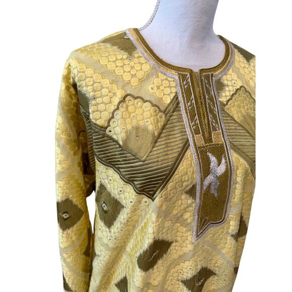 Vintage 60s Dramatic Jacquard Embroidered Kaftan Dress Yellow Avocado Green - Picture 3 of 7